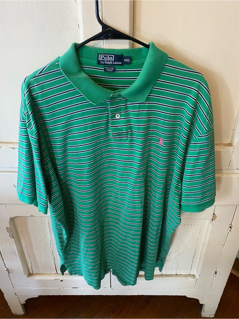 Ralph Lauren Green Striped Polo Shirt with Pink Pony